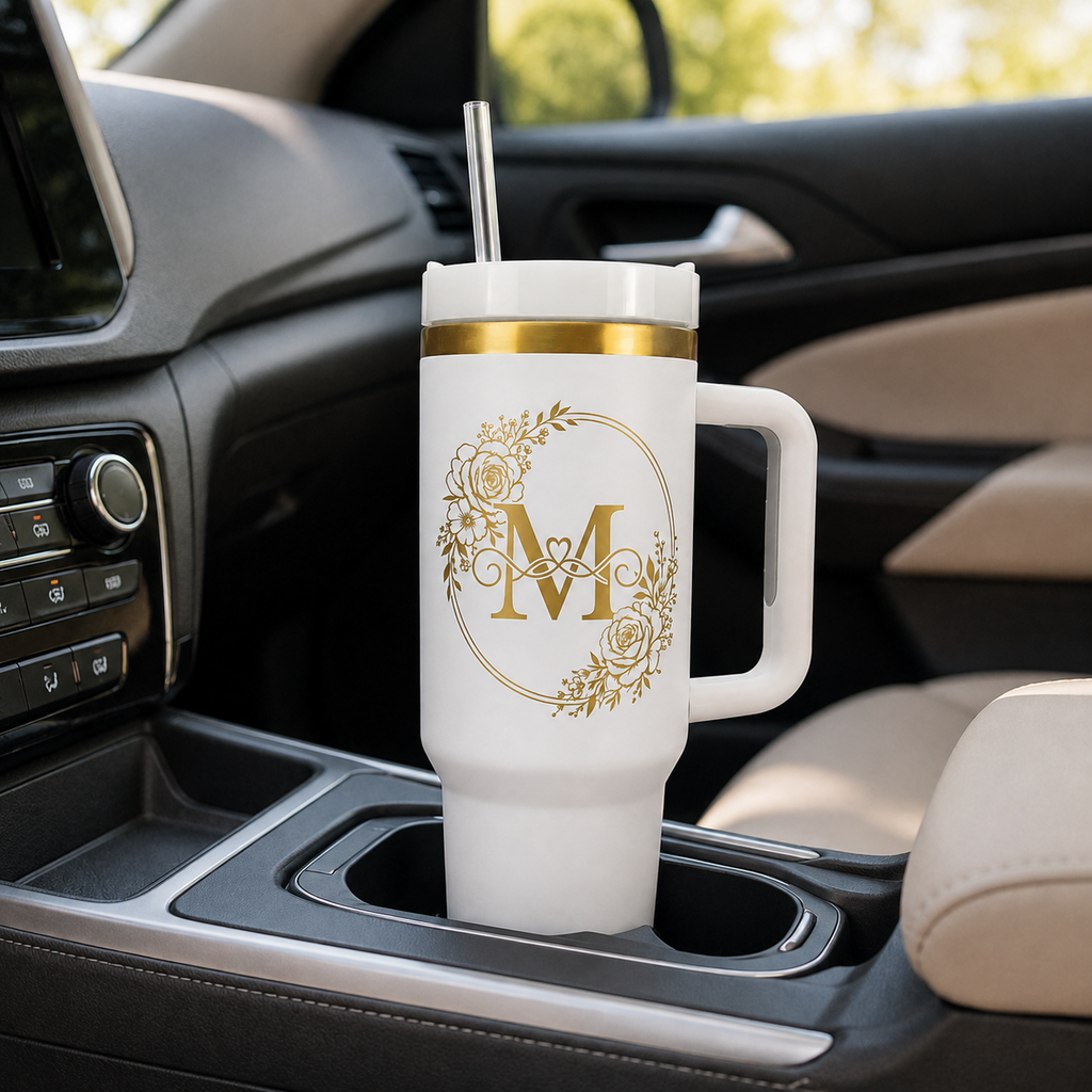 Engraved Personalized White 40 oz Floral Monogram Tumbler, Gold Accent, Handle & Straw (Floral Initial A-Z))