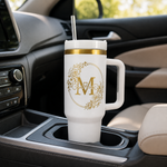Engraved Personalized White 40 oz Floral Monogram Tumbler, Gold Accent, Handle & Straw (Floral Initial A-Z))