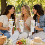 Engraved Personalized White 40 oz Floral Monogram Tumbler, Gold Accent, Handle & Straw (Floral Initial A-Z))