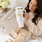 Engraved Personalized White 40 oz Floral Monogram Tumbler, Gold Accent, Handle & Straw (Floral Initial A-Z))